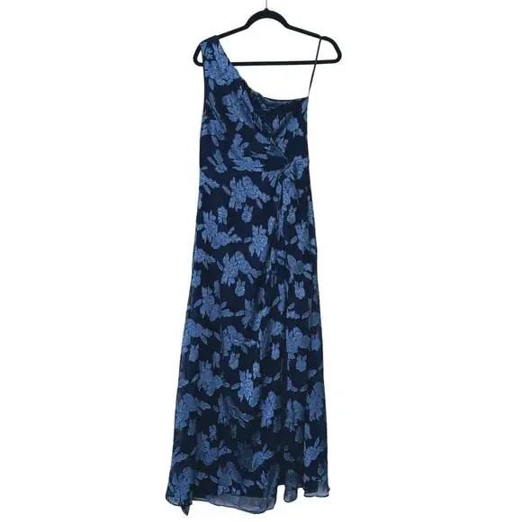 Lulus One Shoulder Floral Jacquard Maxi Dress Medium Navy Blue Wedding Guest - Picture 3 of 12